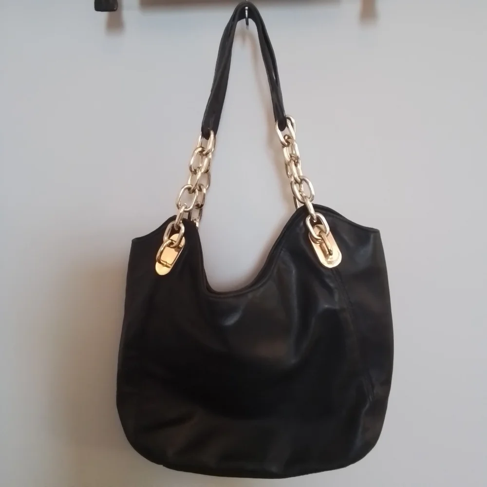 Michael Kors Vintage Soft Leather Hobo Shoulder Bag Black & Gold Hardware
